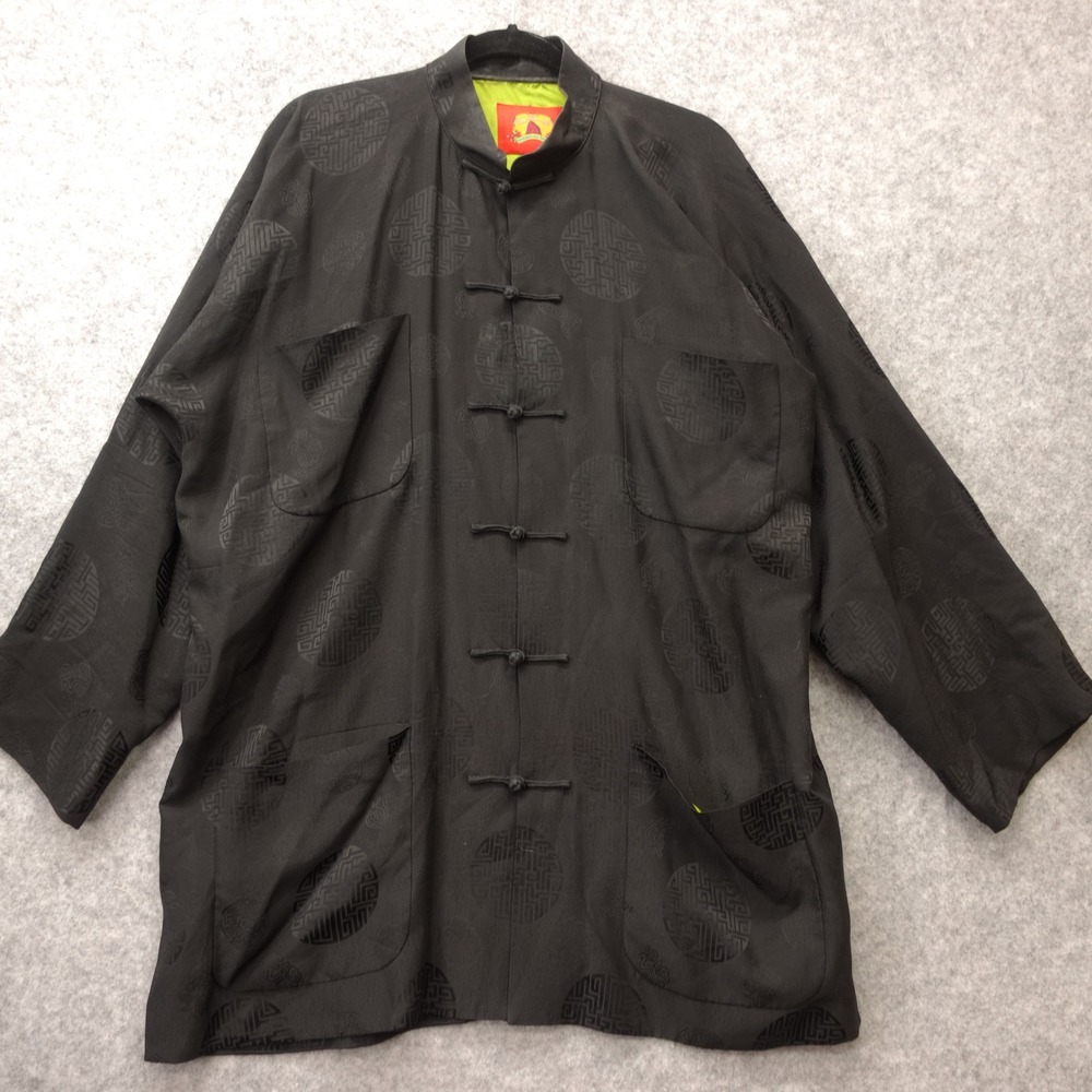 Shanghai Tang Mens Jacket 42 L Black Silk Brocade Oriental Mandarin Patch Pocket